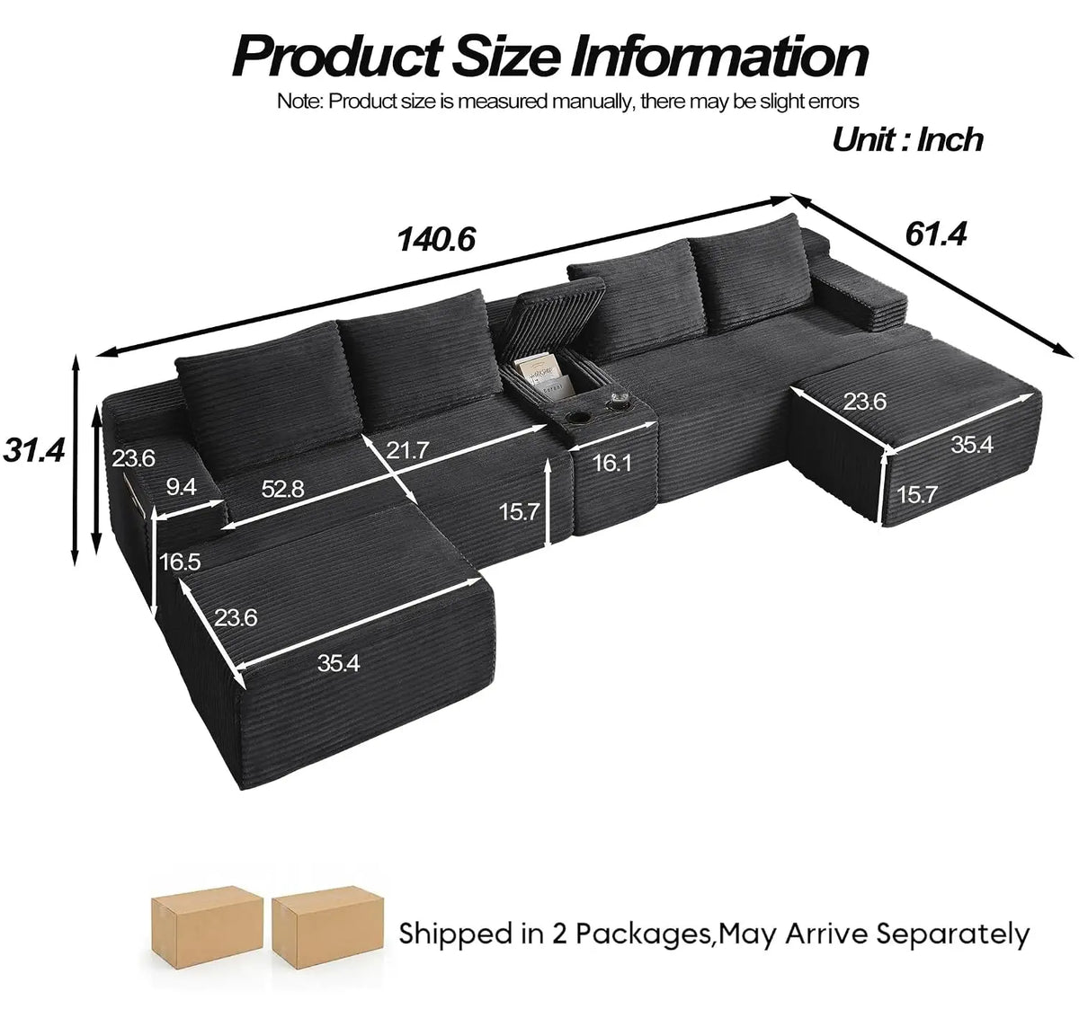 141" Oversized U Shaped Corduroy Sectional Sofa, Boneless, Gray, Customized