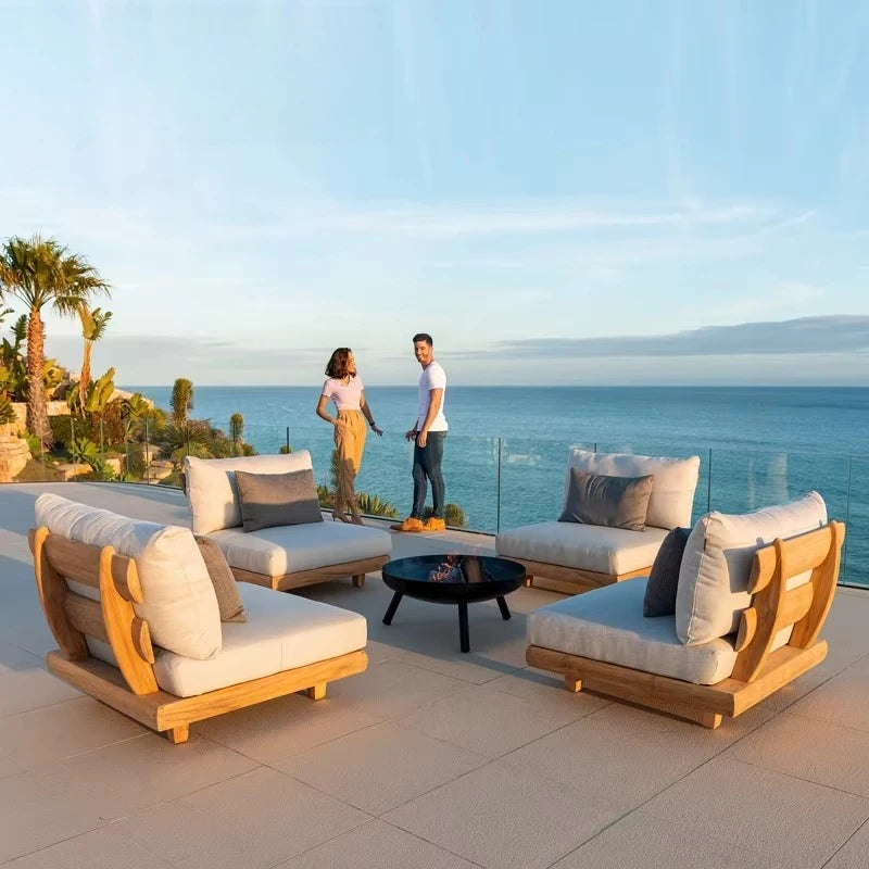 Stylish Outdoor Waterproof Teak Sofa Set Weather Resistant Solid Wood Furniture Ideal For Patio Villa Garden Outdoor Layout