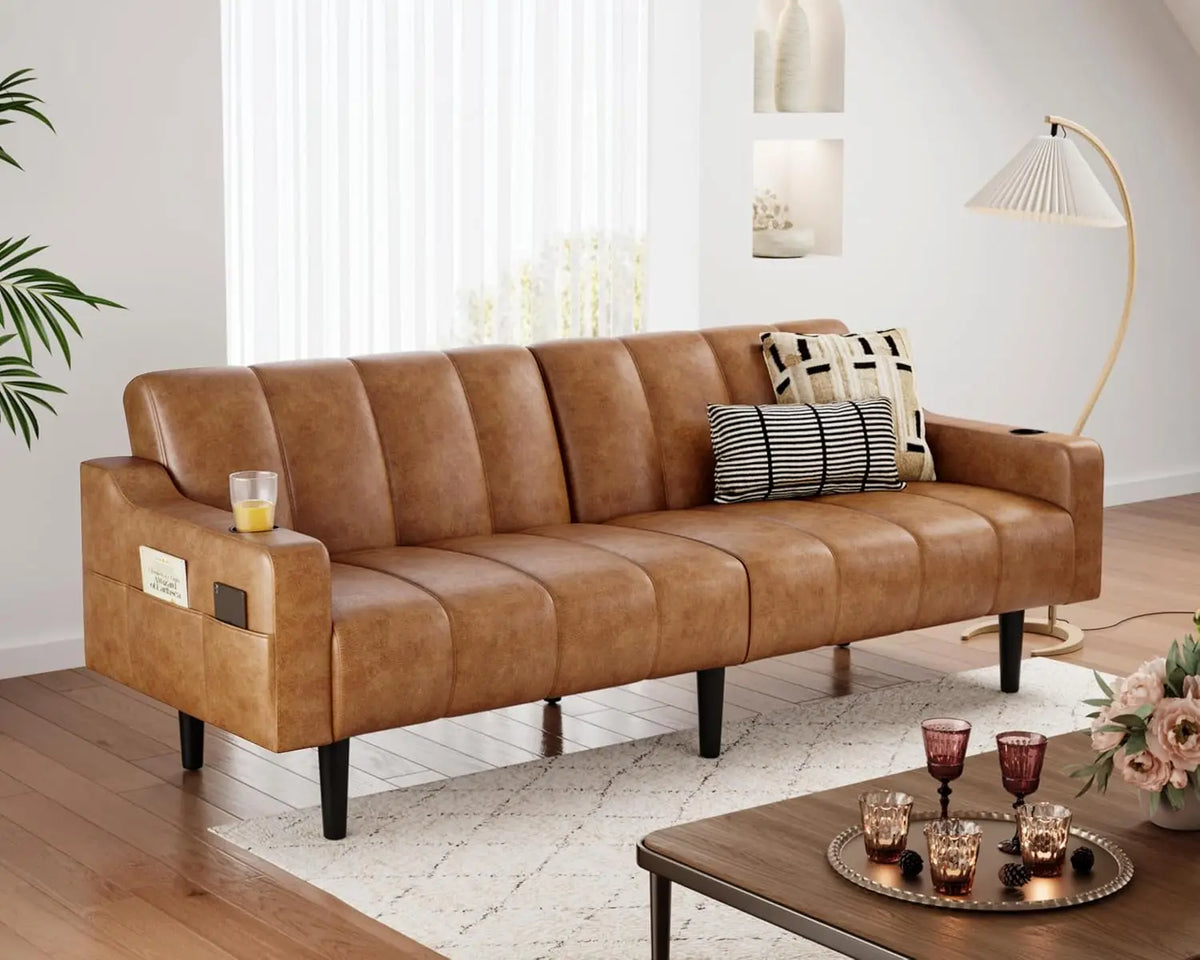Futon Sofa Bed 80" Faux Leather Sleeper with Adjustable Backrest& Storage Loveseat for Living Room Bedroom Small , Customized