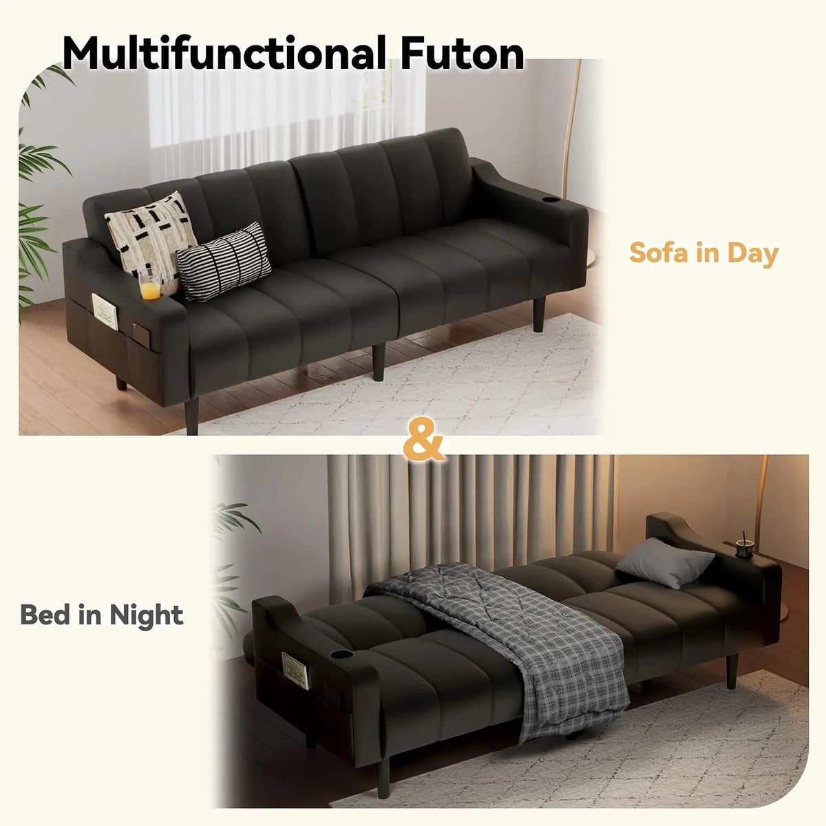 Futon Sofa Bed 80" Faux Leather Sleeper with Adjustable Backrest& Storage Loveseat for Living Room Bedroom Small , Customized