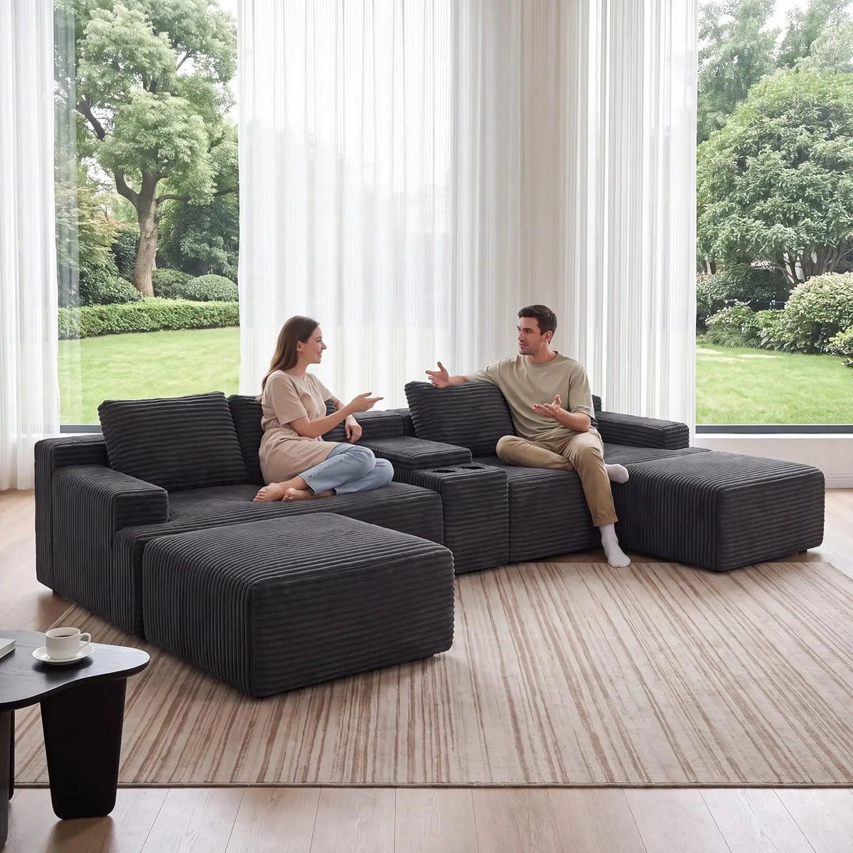 141" Oversized U Shaped Corduroy Sectional Sofa, Boneless, Gray, Customized